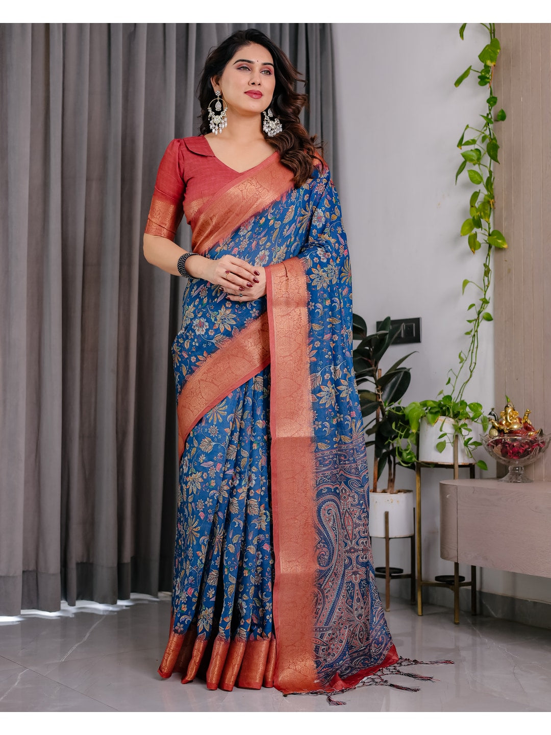 Peachmode Blue Handloom Linen Cotton Floral Print Saree - Image 4