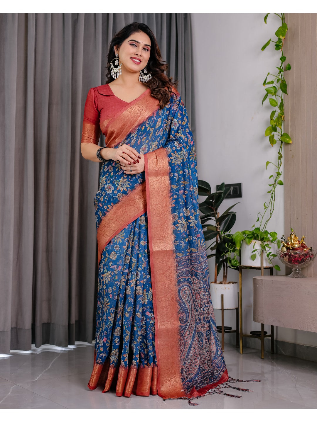 Peachmode Blue Handloom Linen Cotton Floral Print Saree - Image 5