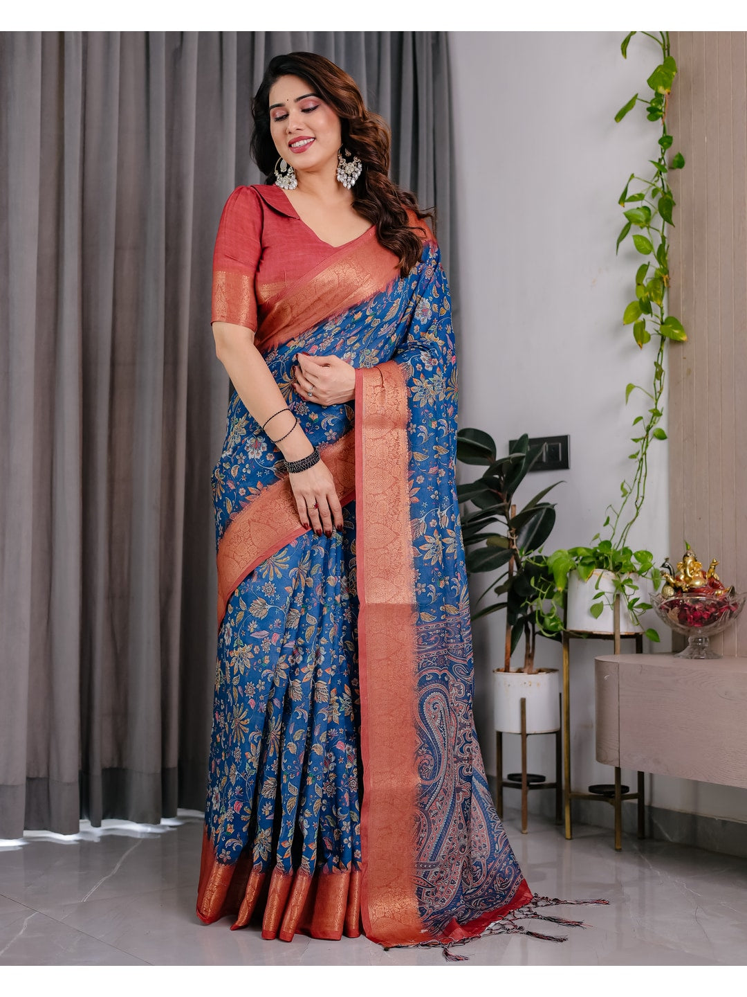Peachmode Blue Handloom Linen Cotton Floral Print Saree - Image 6