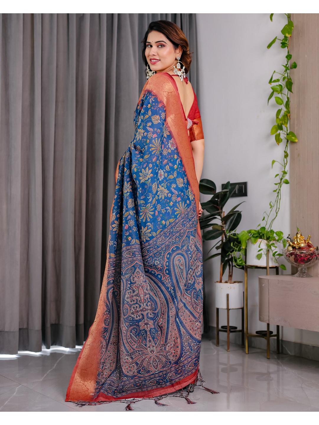 Peachmode Blue Handloom Linen Cotton Floral Print Saree - Image 7