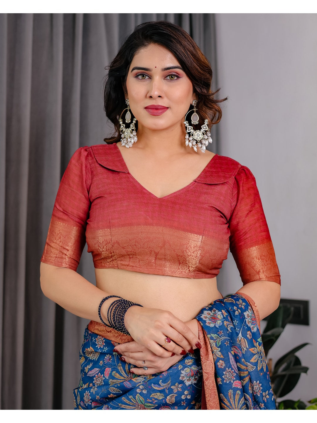 Peachmode Blue Handloom Linen Cotton Floral Print Saree - Image 8