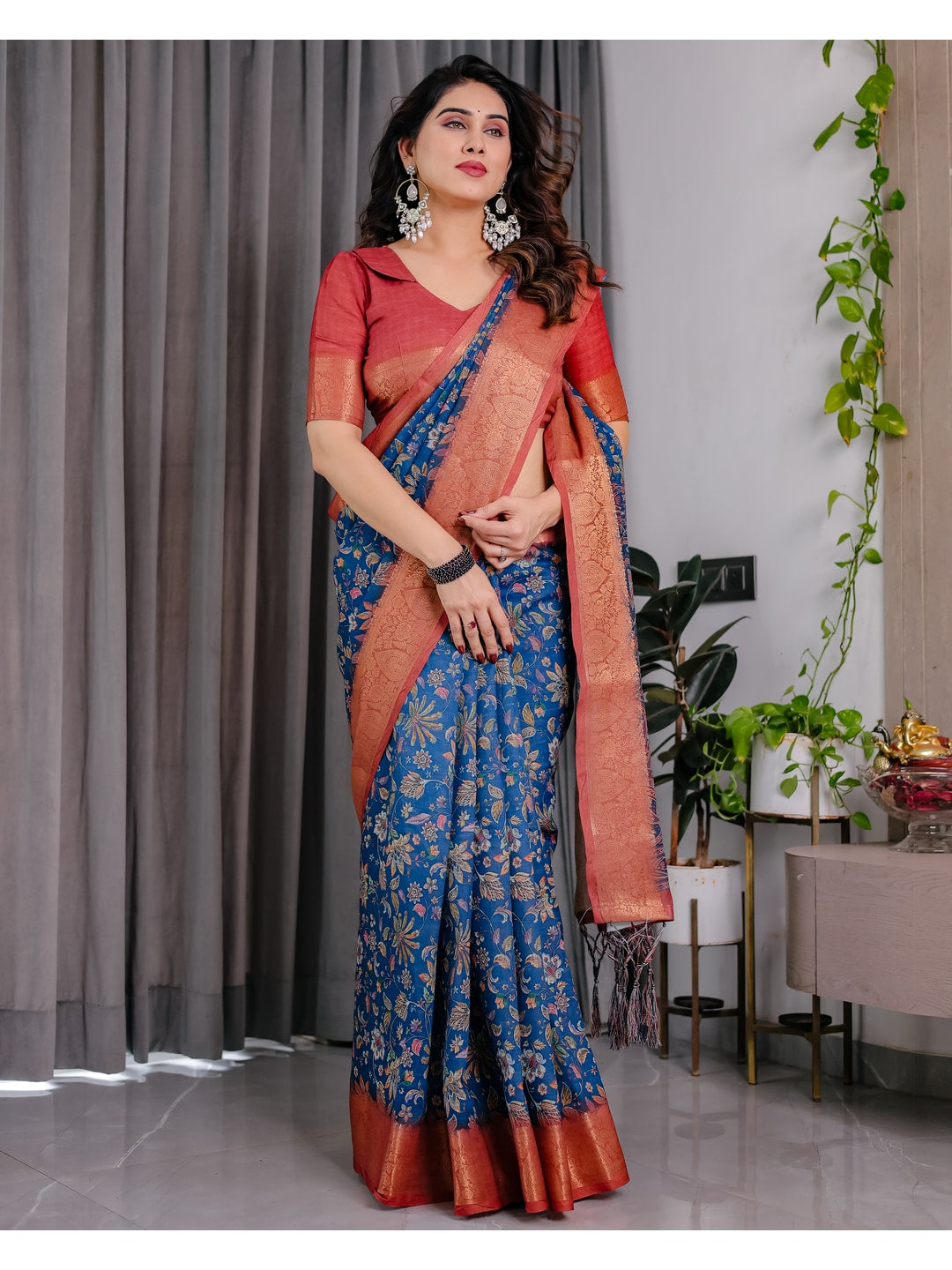 Peachmode Blue Handloom Linen Cotton Floral Print Saree - Image 9