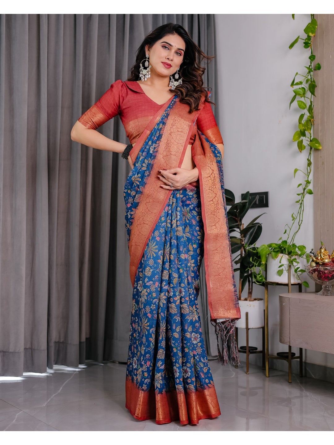 Peachmode Blue Handloom Linen Cotton Floral Print Saree - Image 10