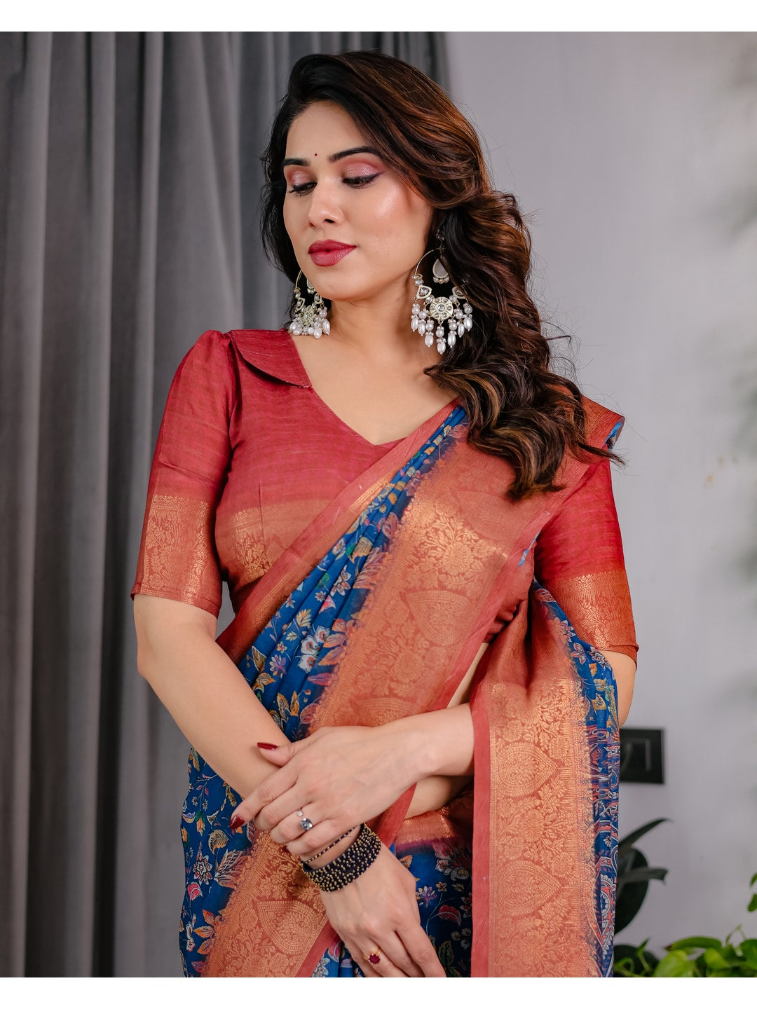 Peachmode Blue Handloom Linen Cotton Floral Print Saree - Image 12