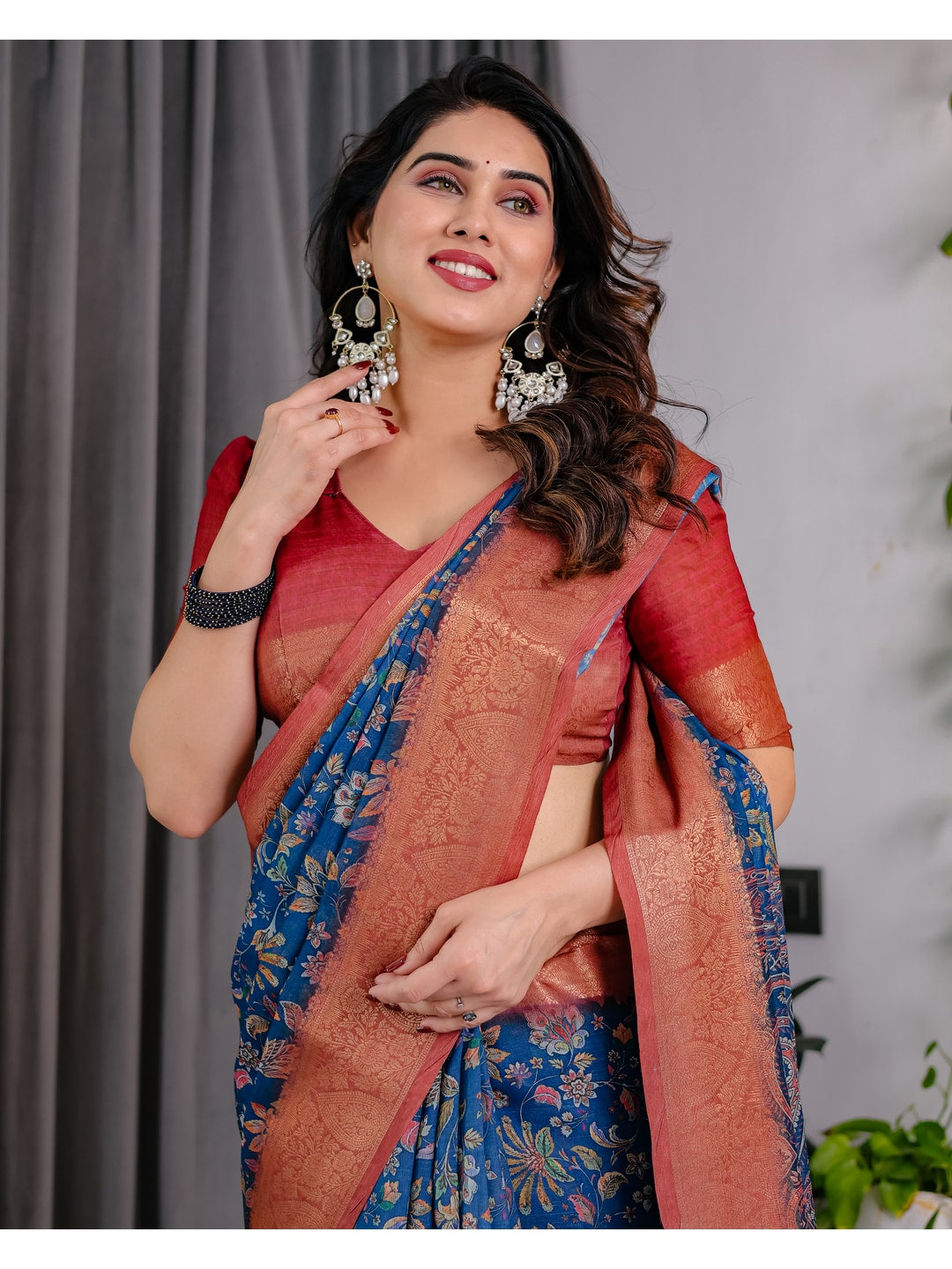 Peachmode Blue Handloom Linen Cotton Floral Print Saree - Image 13