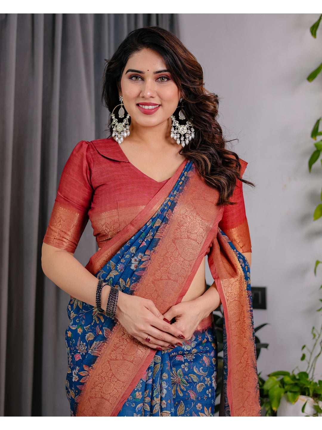 Peachmode Blue Handloom Linen Cotton Floral Print Saree - Image 14