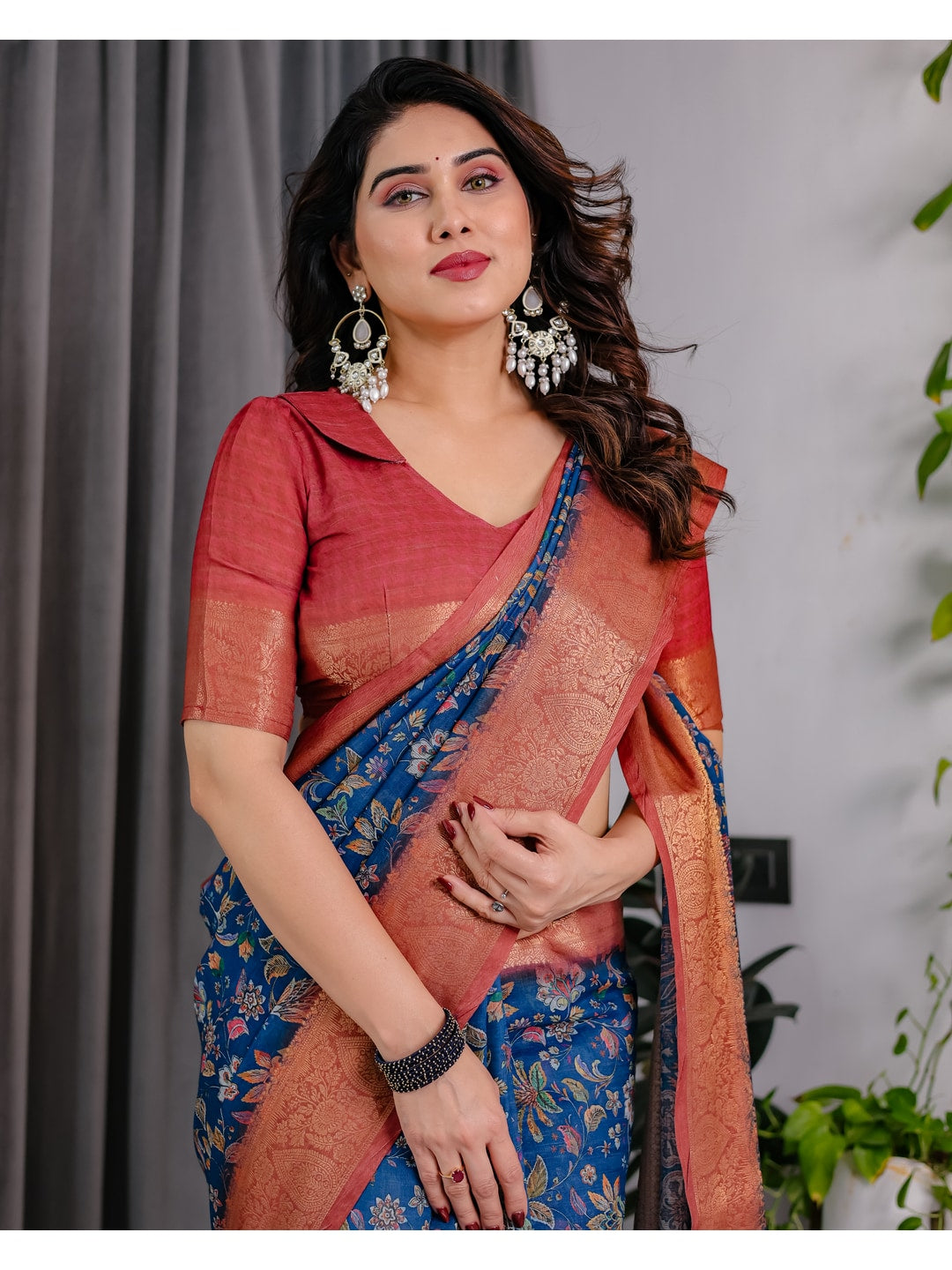 Peachmode Blue Handloom Linen Cotton Floral Print Saree - Image 15