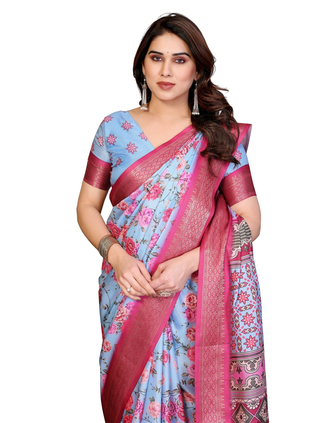 Peachmode Blue Cotton Silk Floral Print Saree with Zari Border - Image 12