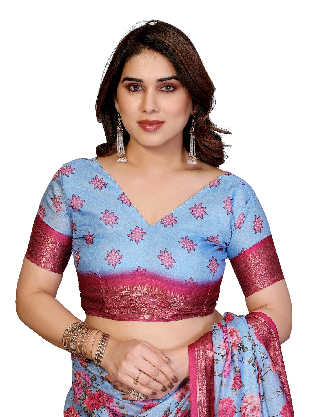 Peachmode Blue Cotton Silk Floral Print Saree with Zari Border - Image 13