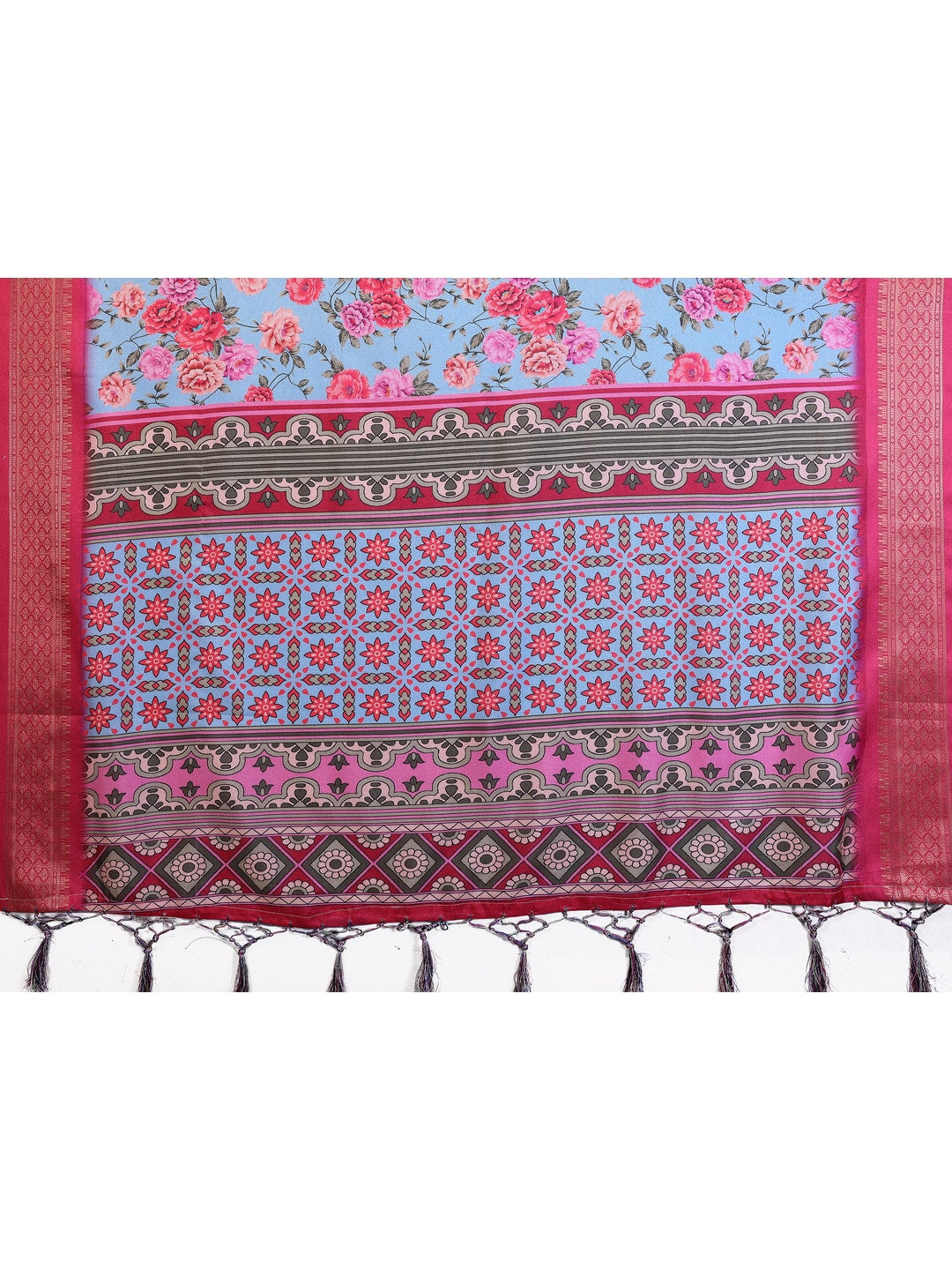 Peachmode Blue Cotton Silk Floral Print Saree with Zari Border - Image 14