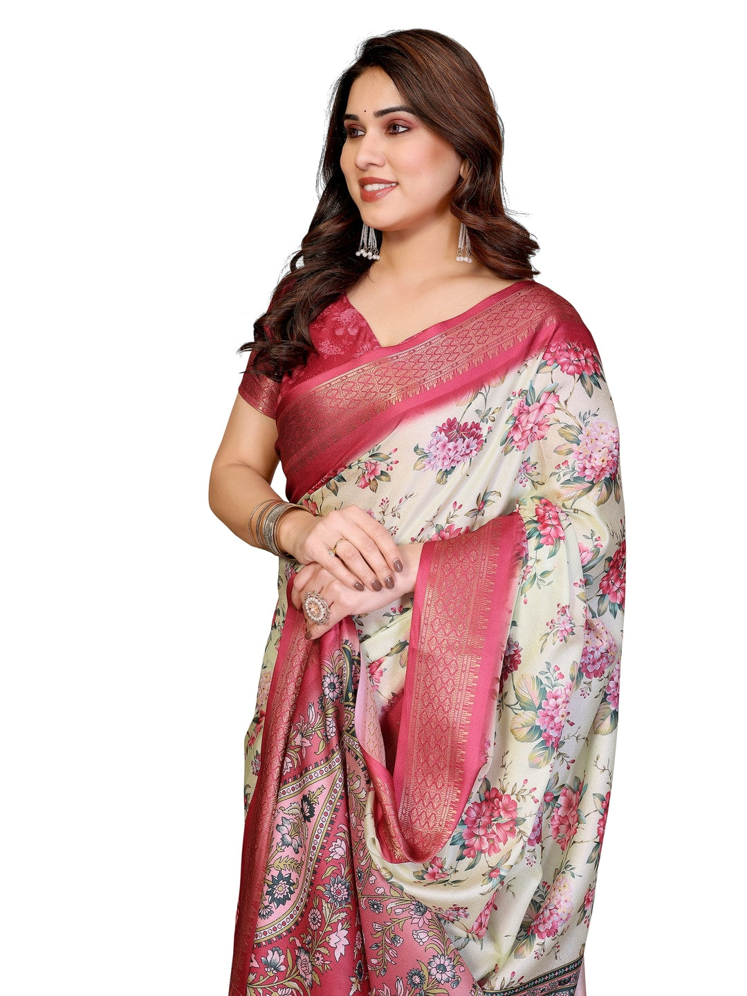 Peachmode Yellow Cotton Silk Floral Print Saree with Zari Border - Image 12