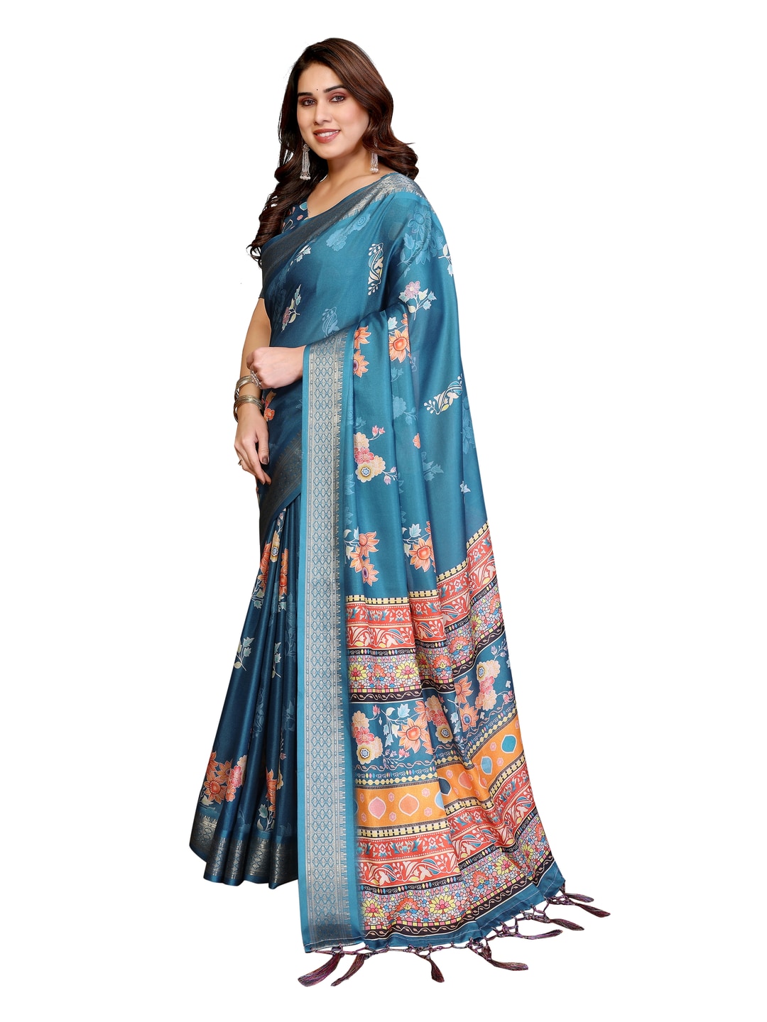 Peachmode Rama Blue Cotton Silk Floral Print Saree with Zari Border - Image 14