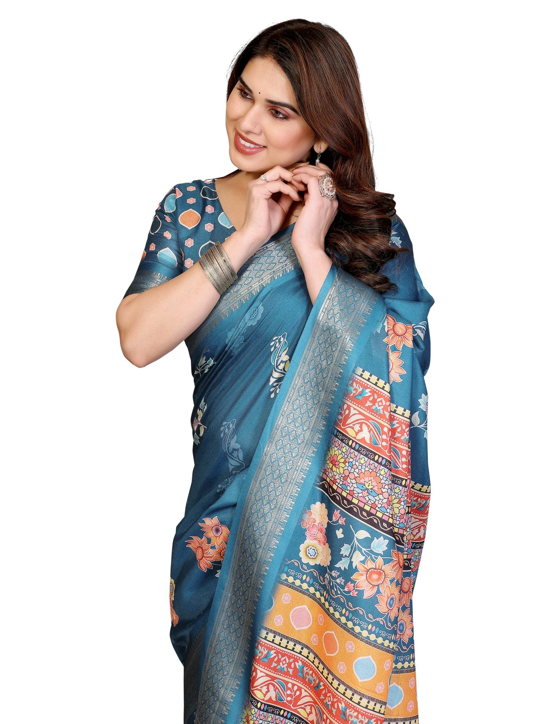 Peachmode Rama Blue Cotton Silk Floral Print Saree with Zari Border - Image 12