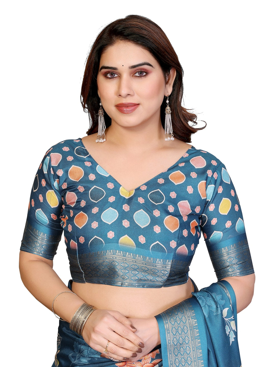 Peachmode Rama Blue Cotton Silk Floral Print Saree with Zari Border - Image 13
