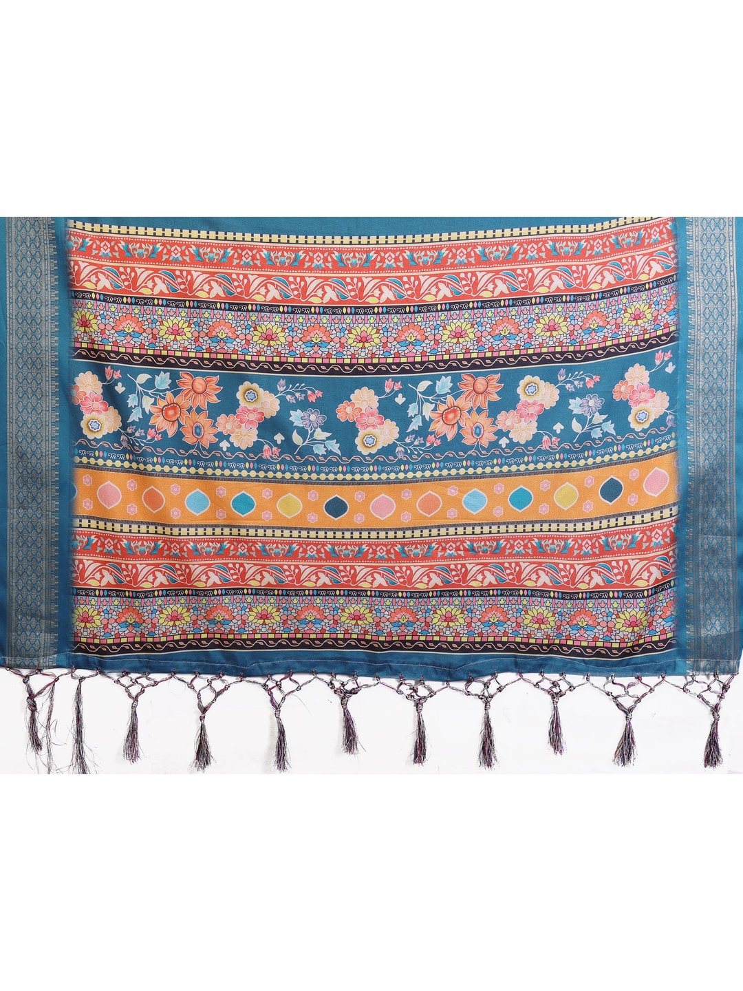 Peachmode Rama Blue Cotton Silk Floral Print Saree with Zari Border - Image 14