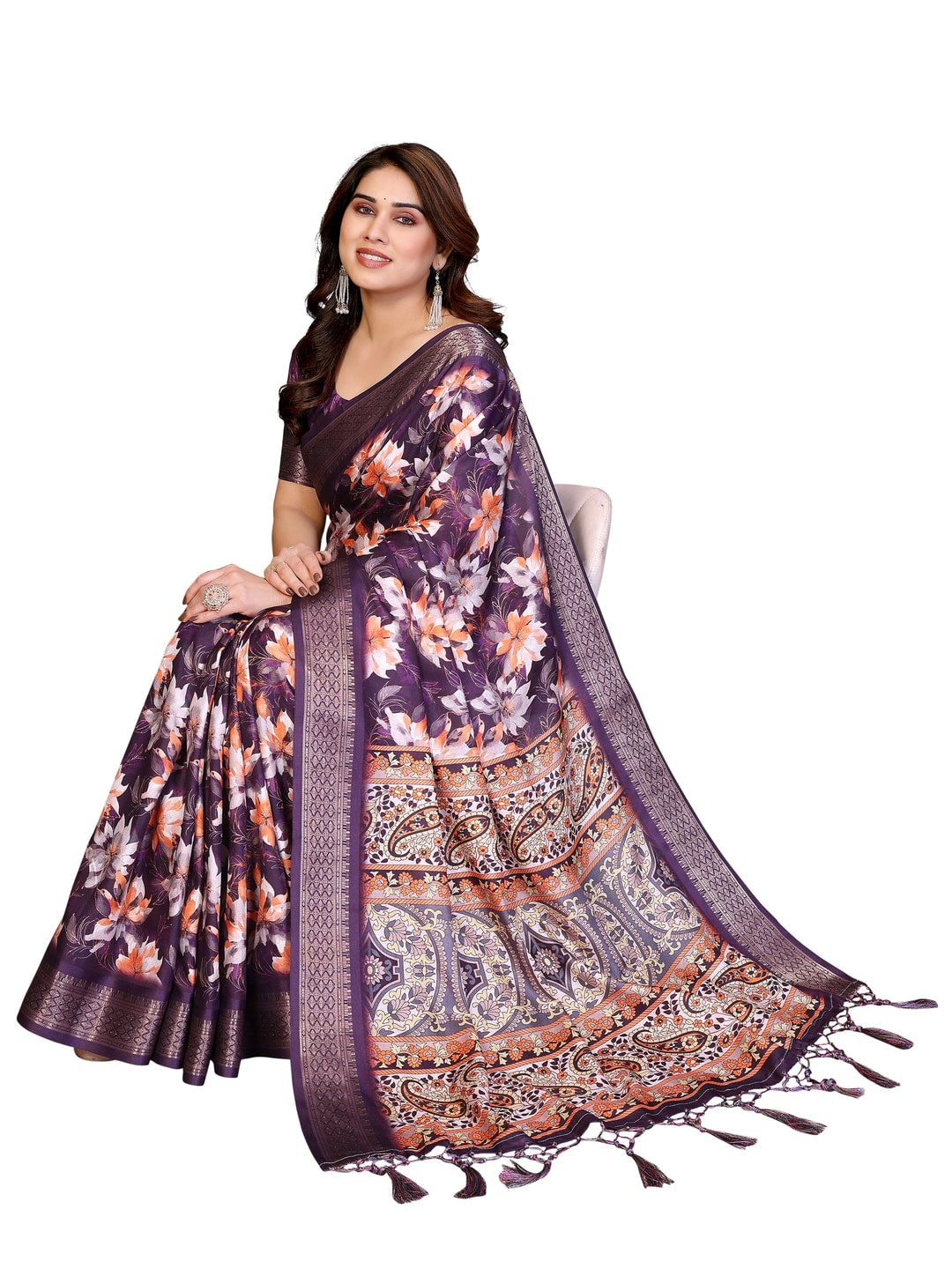 Peachmode Purple Cotton Silk Floral Print Saree with Zari Border - Image 13