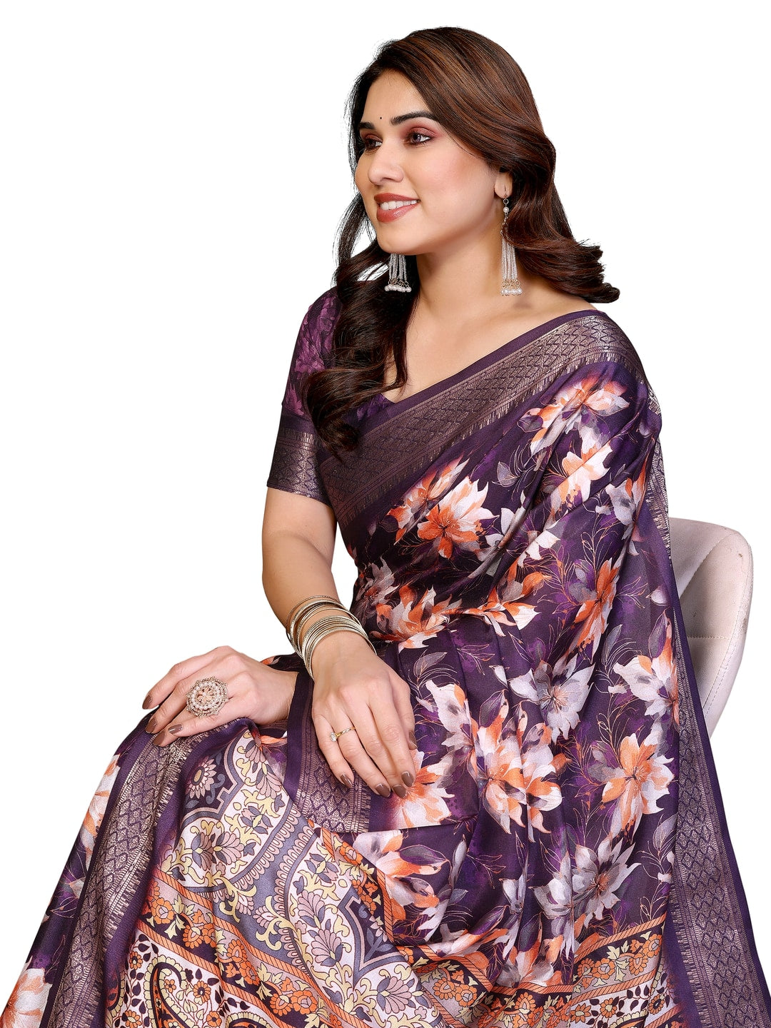 Peachmode Purple Cotton Silk Floral Print Saree with Zari Border - Image 12