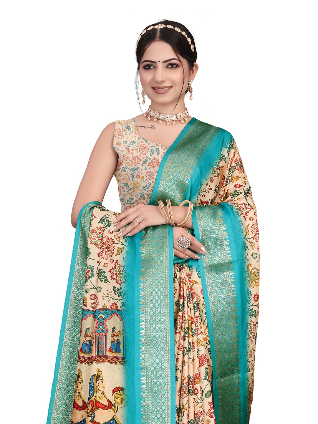 Peachmode Cream Cotton Silk Digital Print Saree with Jacquard Border - Image 16