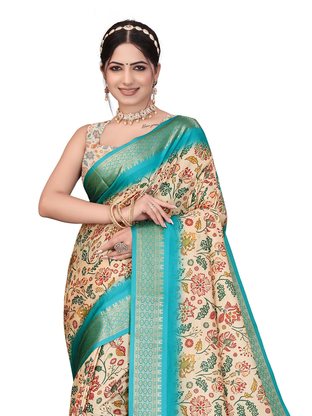 Peachmode Cream Cotton Silk Digital Print Saree with Jacquard Border - Image 18