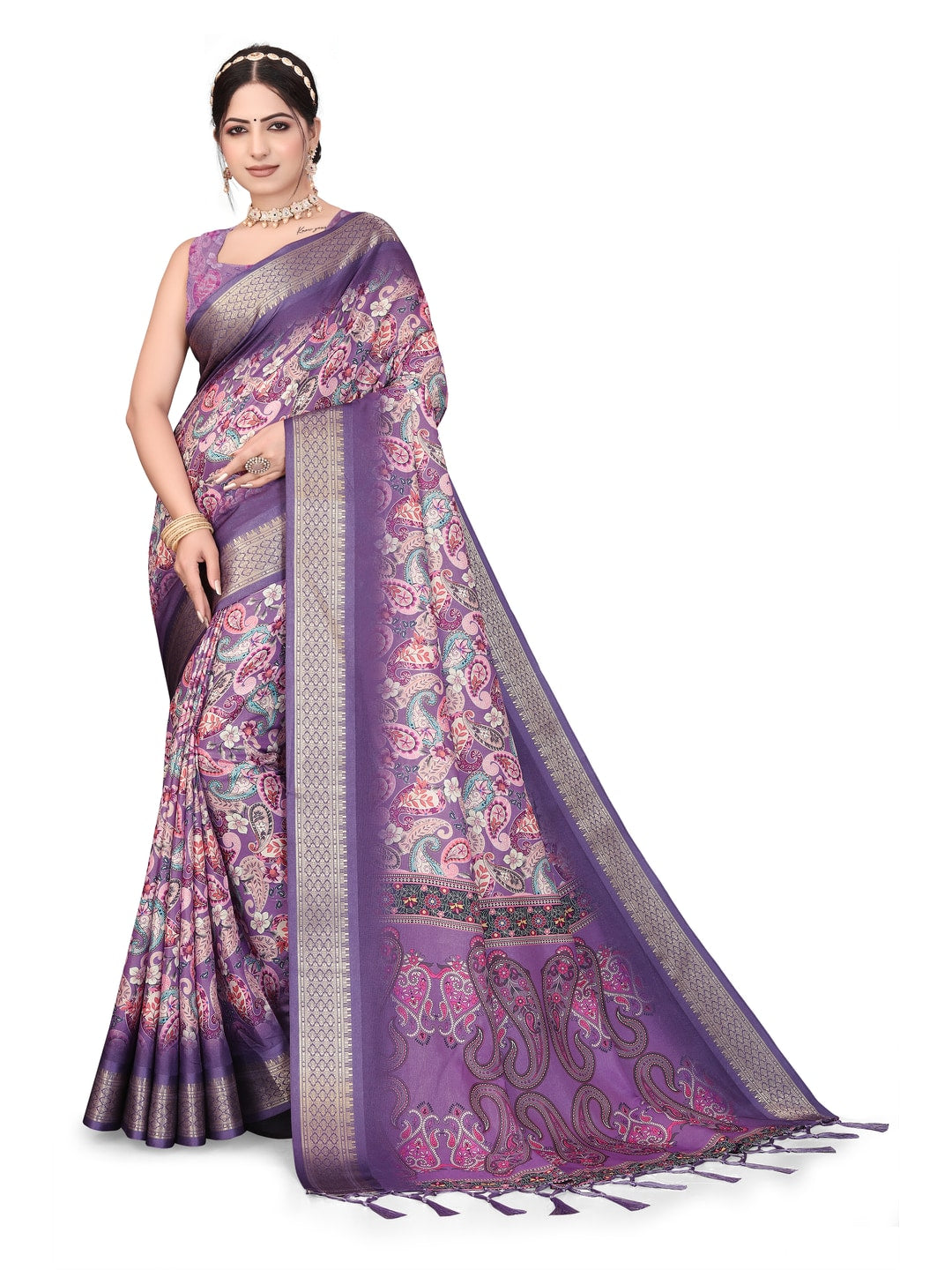 Peachmode Purple Cotton Silk Digital Print Saree with Jacquard Border - Image 20