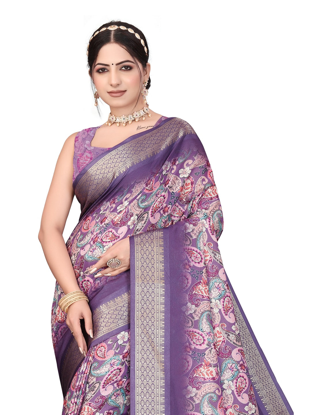 Peachmode Purple Cotton Silk Digital Print Saree with Jacquard Border - Image 18