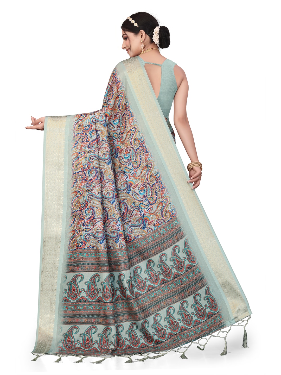 Peachmode Olive Cotton Silk Digital Print Saree with Jacquard Border - Image 23