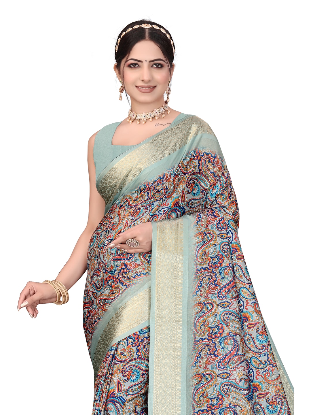 Peachmode Olive Cotton Silk Digital Print Saree with Jacquard Border - Image 18