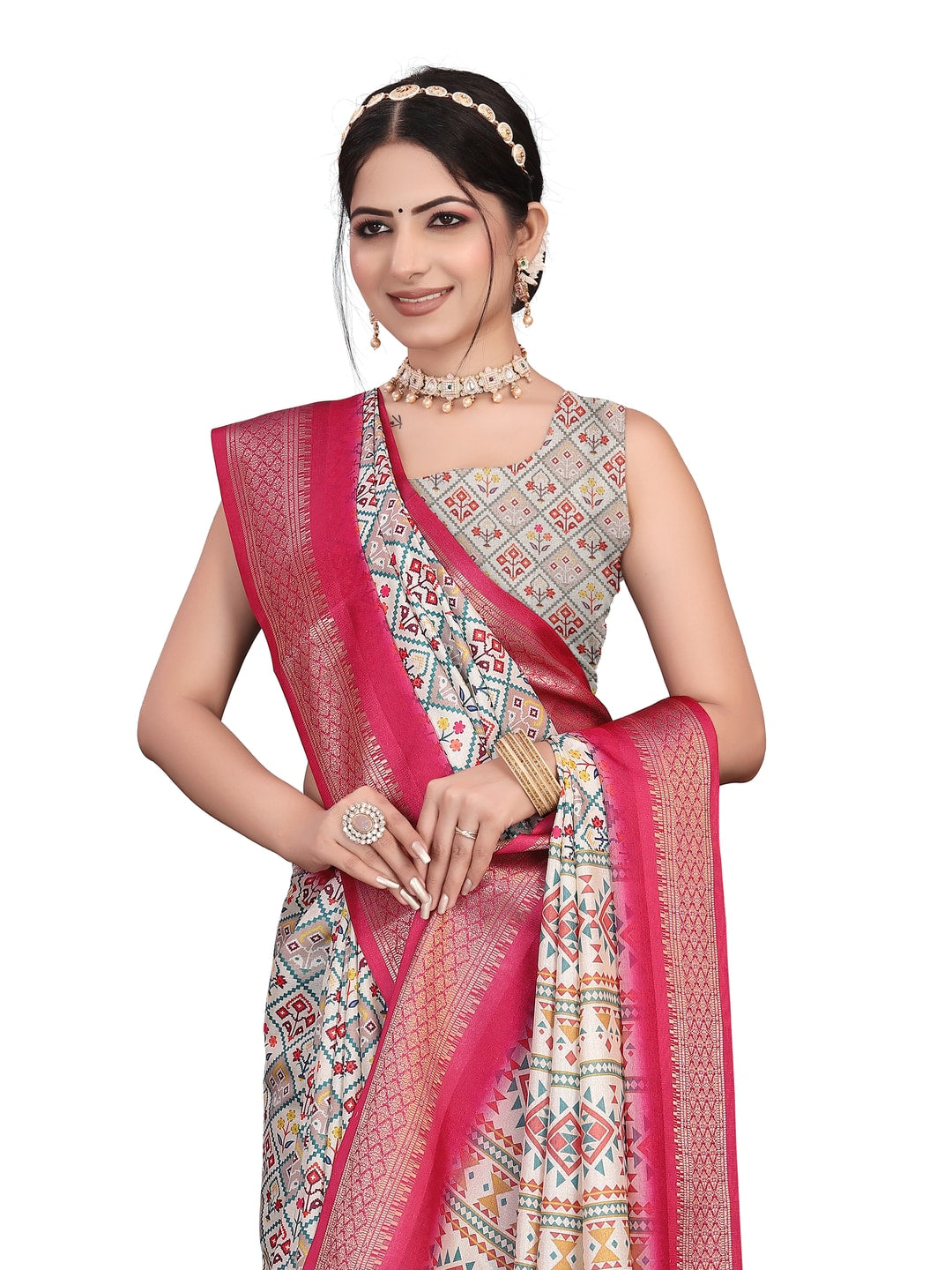 Peachmode Magenta Cotton Silk Digital Print Saree with Jacquard Border - Image 12