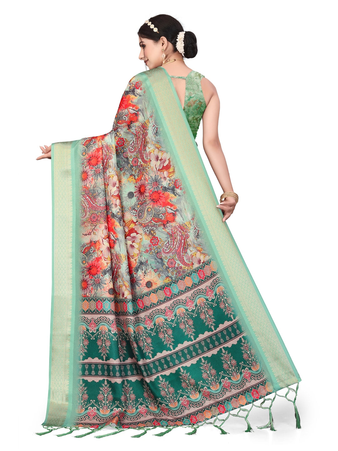 Peachmode Sea Green Cotton Silk Digital Print Saree with Jacquard Border - Image 13