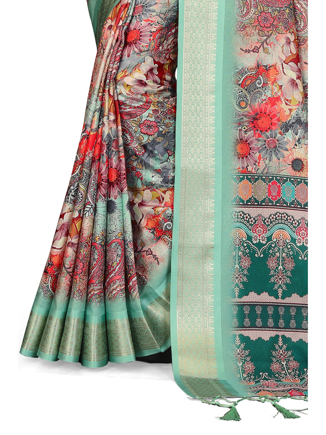 Peachmode Sea Green Cotton Silk Digital Print Saree with Jacquard Border - Image 14