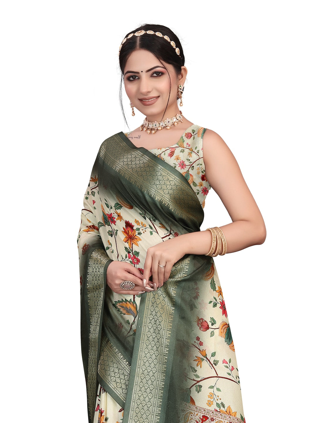 Peachmode Green Cotton Silk Digital Print Saree with Jacquard Border - Image 16
