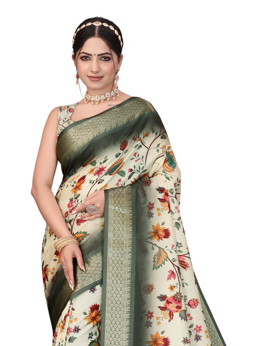 Peachmode Green Cotton Silk Digital Print Saree with Jacquard Border - Image 18