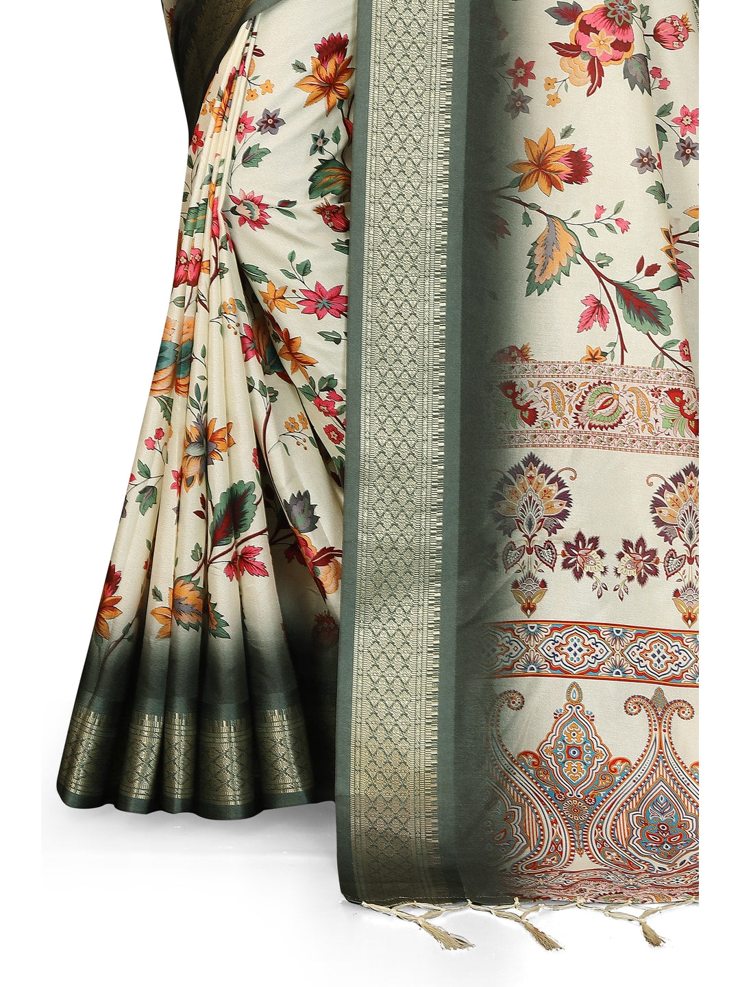 Peachmode Green Cotton Silk Digital Print Saree with Jacquard Border - Image 19