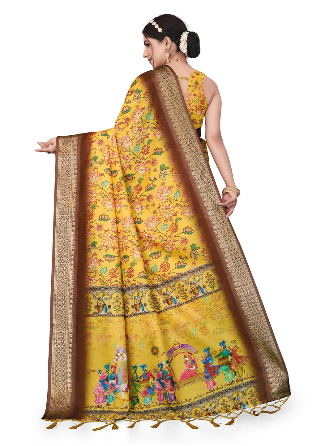 Peachmode Yellow Cotton Silk Digital Print Saree with Jacquard Border - Image 21