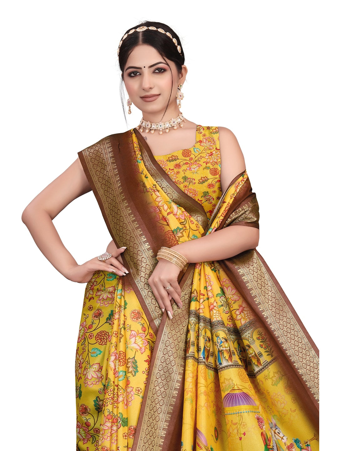 Peachmode Yellow Cotton Silk Digital Print Saree with Jacquard Border - Image 16