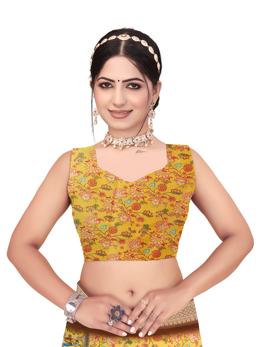 Peachmode Yellow Cotton Silk Digital Print Saree with Jacquard Border - Image 17