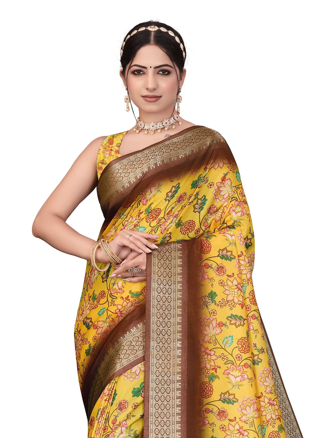 Peachmode Yellow Cotton Silk Digital Print Saree with Jacquard Border - Image 18