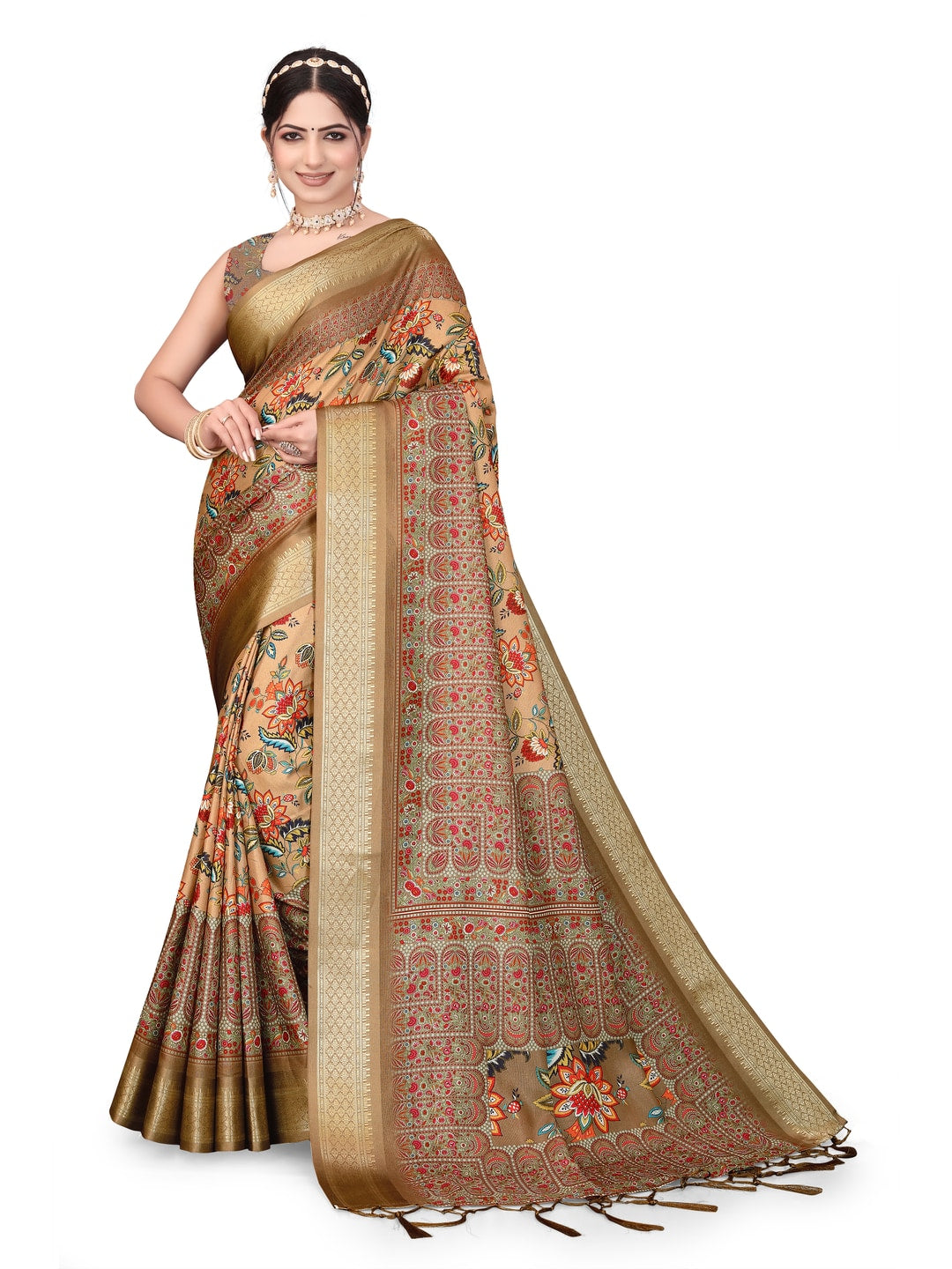 Peachmode Brown Cotton Silk Digital Print Saree with Jacquard Border - Image 19
