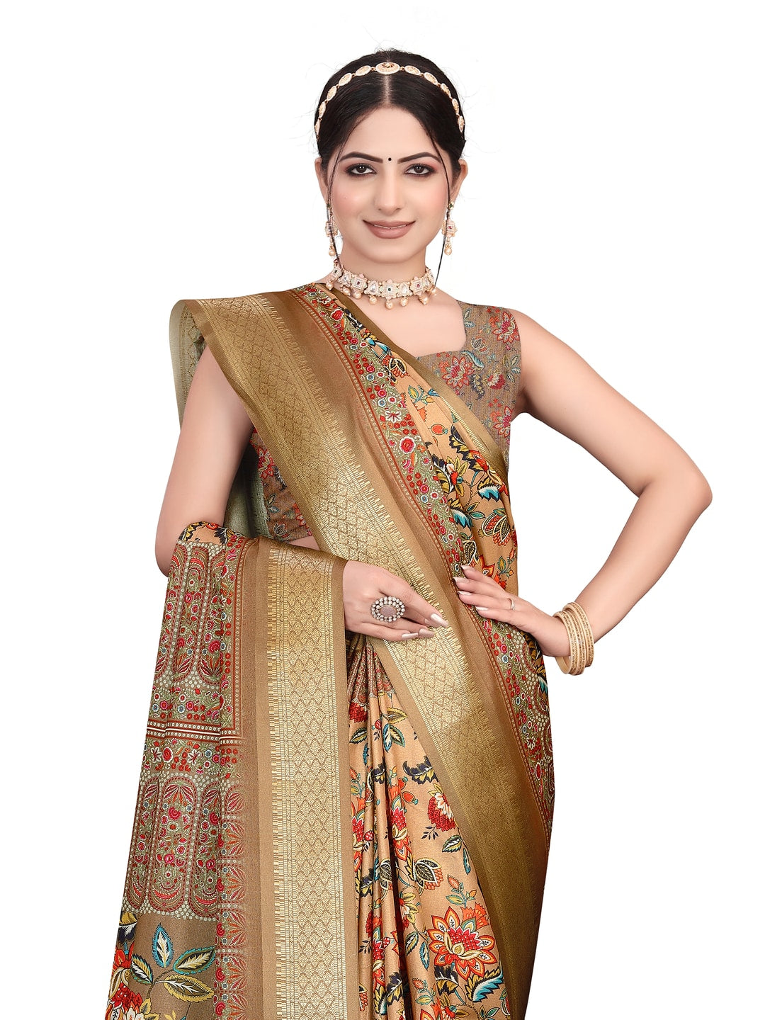 Peachmode Brown Cotton Silk Digital Print Saree with Jacquard Border - Image 15