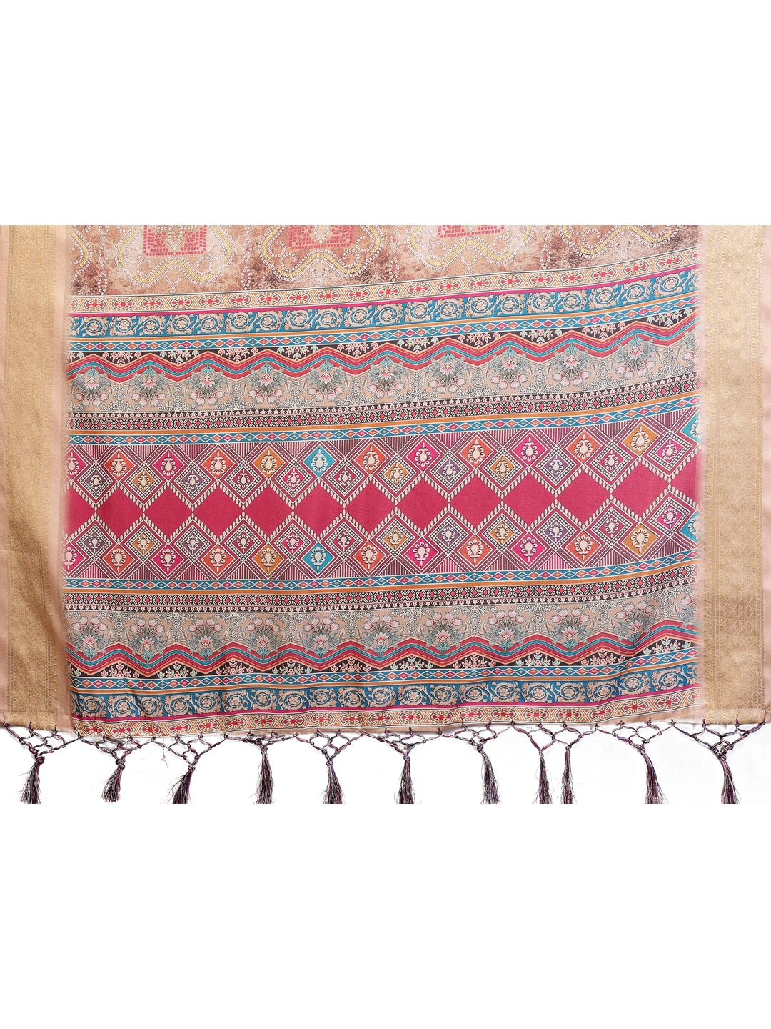 Peachmode Chikoo Cotton Silk Bandhej Print Saree with Zari Border - Image 13
