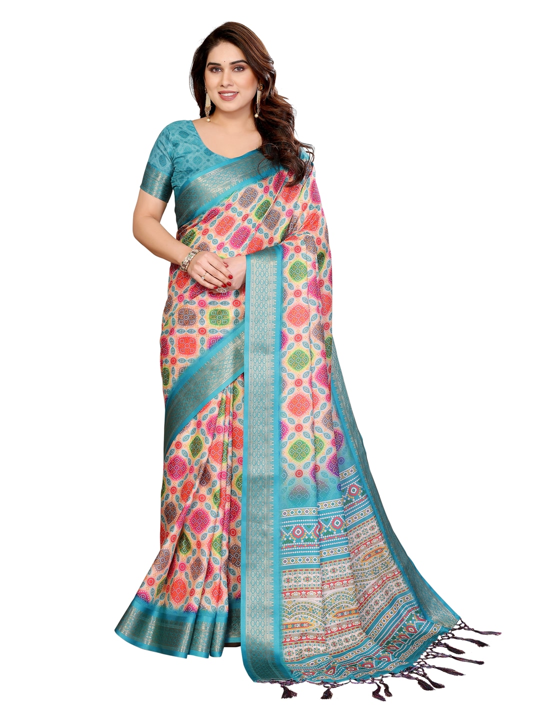 Peachmode Multicolor Cotton Silk Bandhej Print Saree with Zari Border - Image 15
