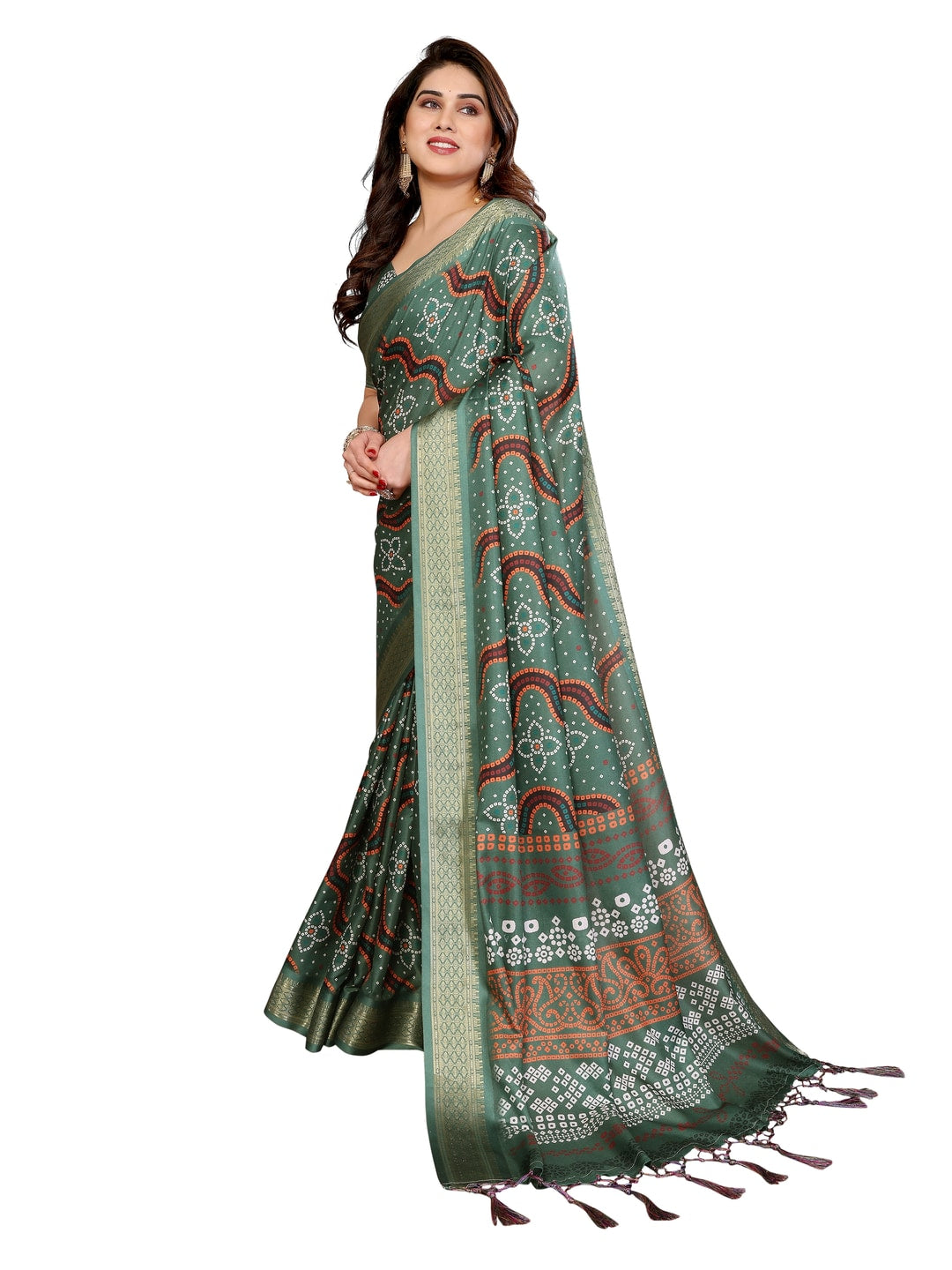 Peachmode Green Cotton Silk Bandhej Print Saree with Zari Border - Image 16