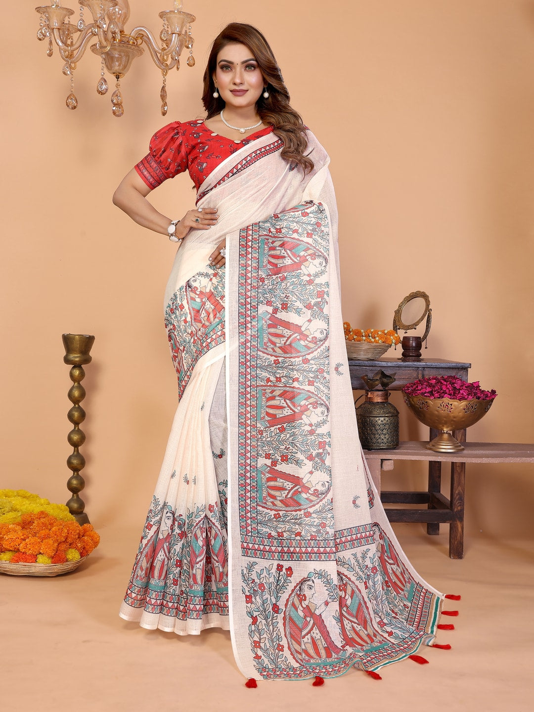 Peachmode Red Soft Linen Cotton Printed Saree - Image 1