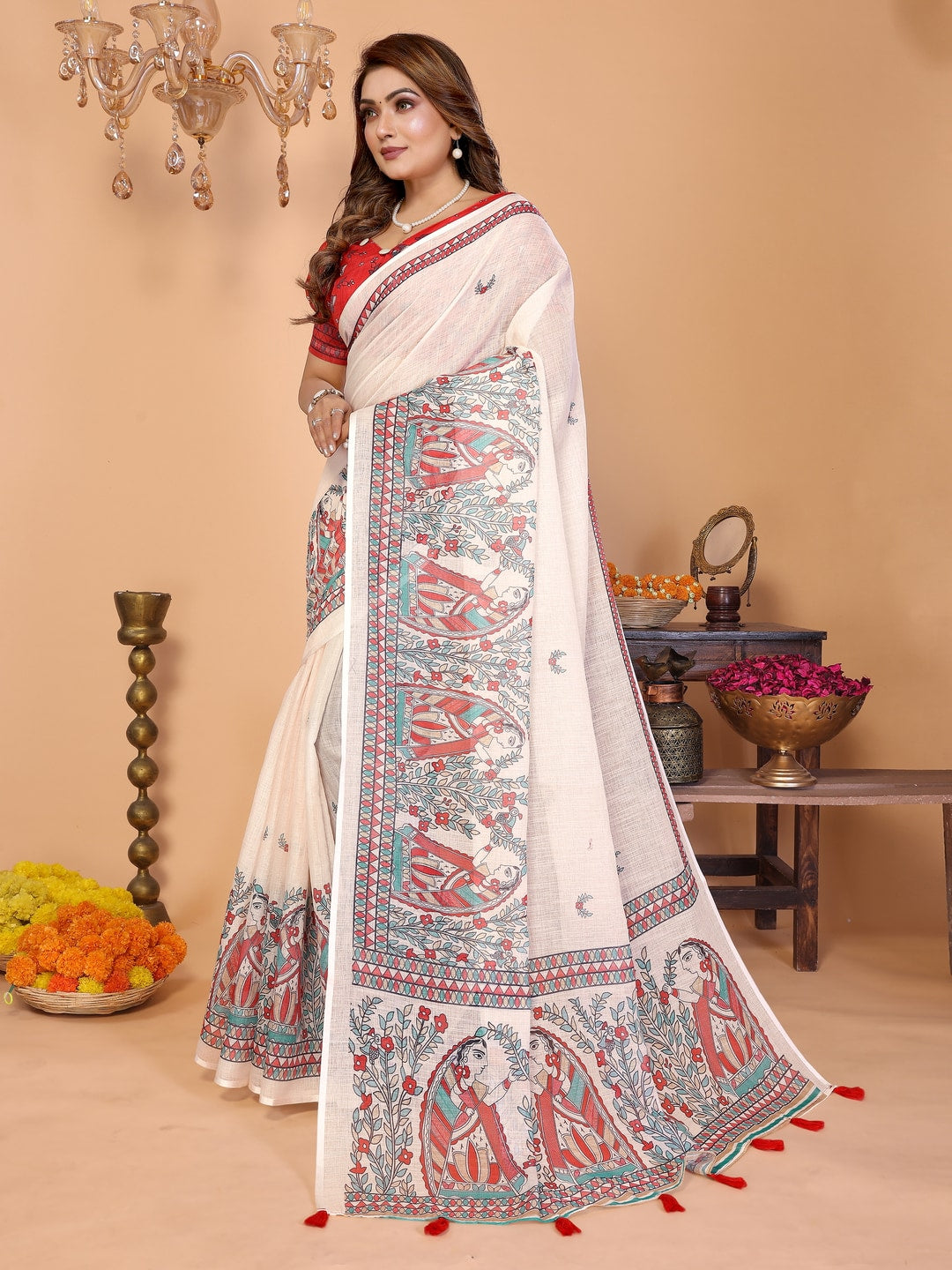Peachmode Red Soft Linen Cotton Printed Saree - Image 2