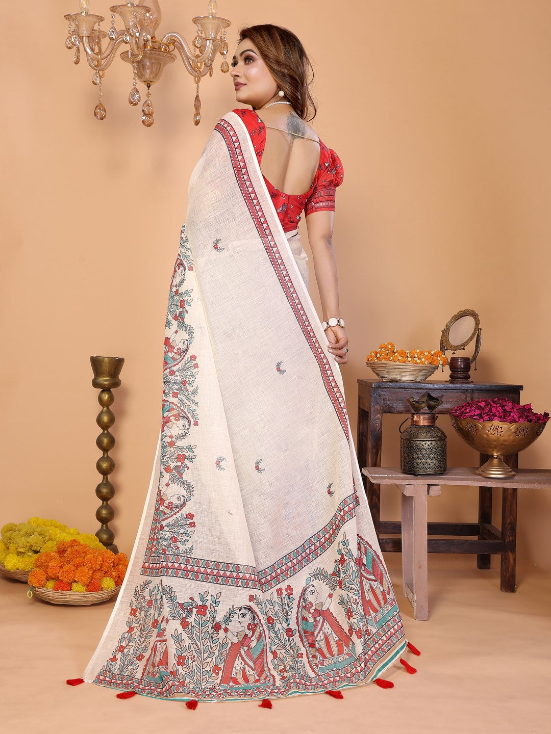 Peachmode Red Soft Linen Cotton Printed Saree - Image 3