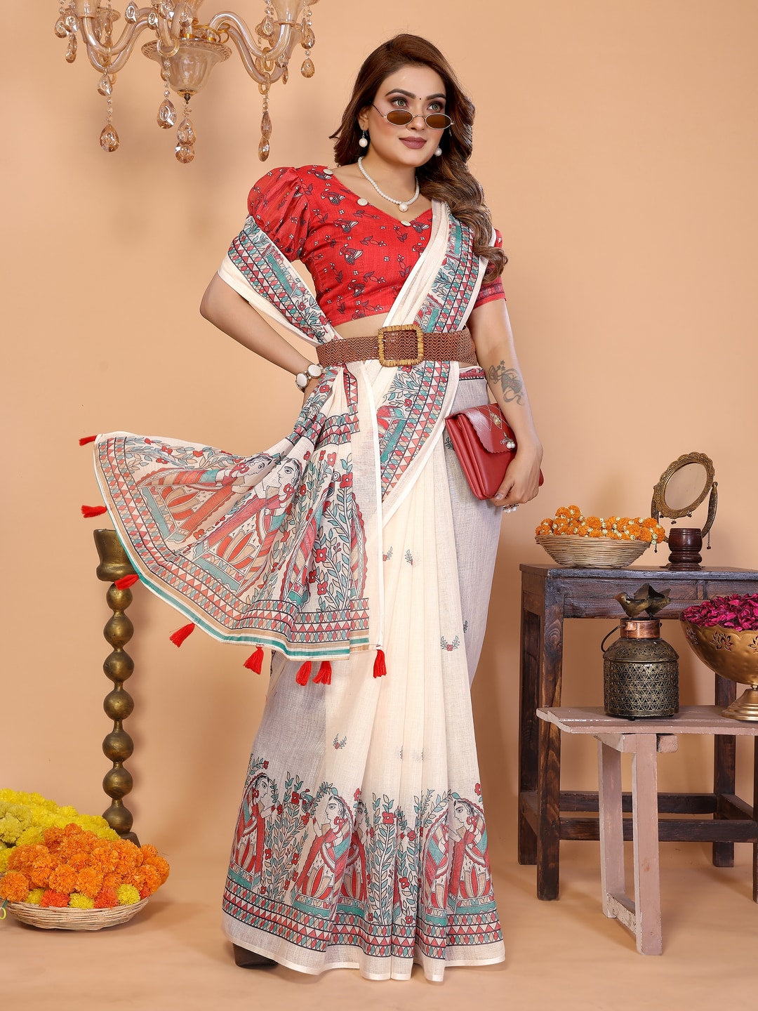 Peachmode Red Soft Linen Cotton Printed Saree - Image 4