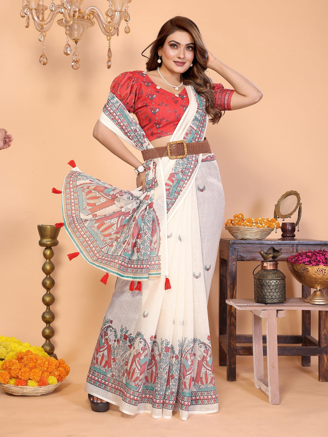 Peachmode Red Soft Linen Cotton Printed Saree - Image 5