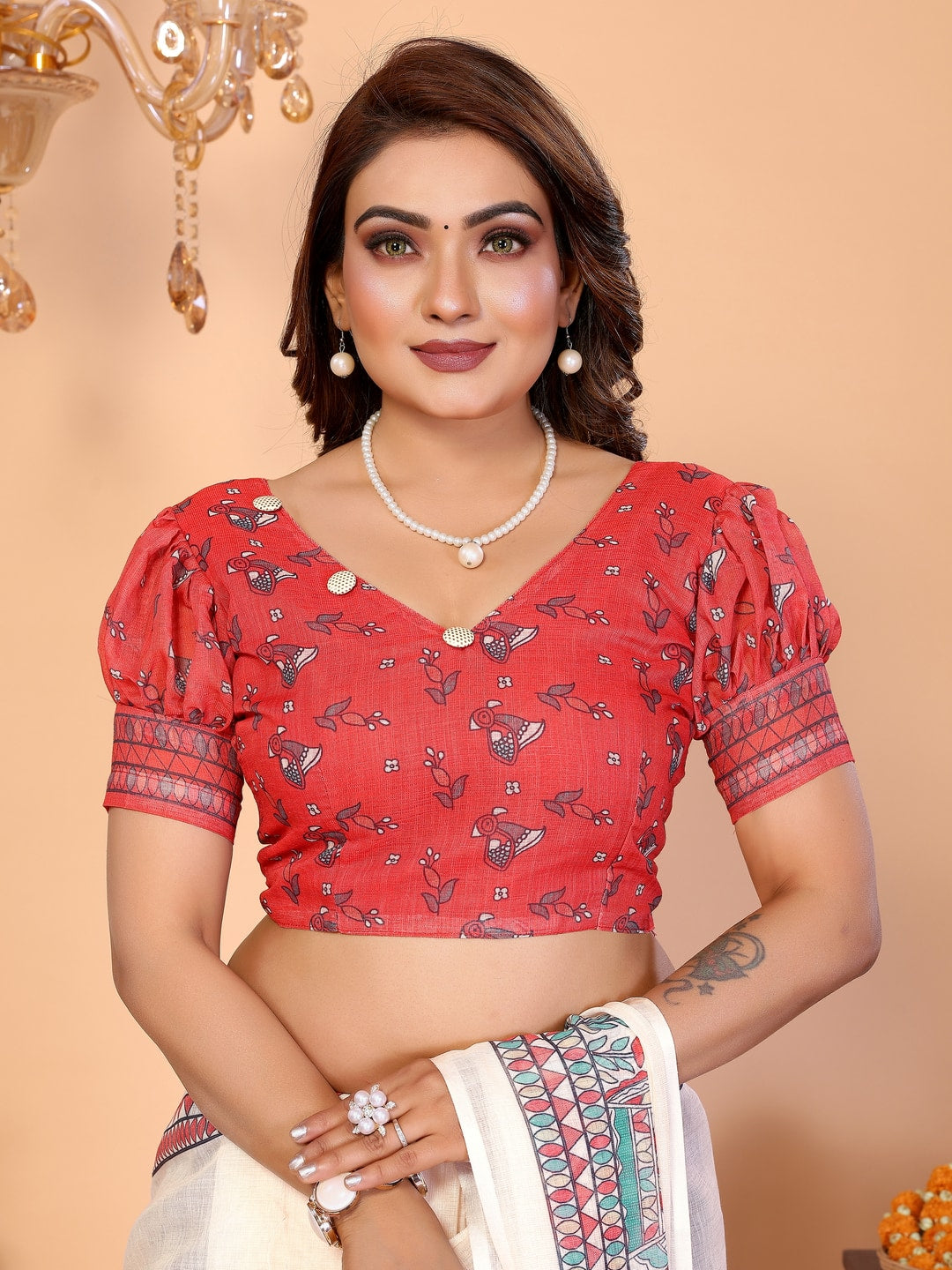 Peachmode Red Soft Linen Cotton Printed Saree - Image 7