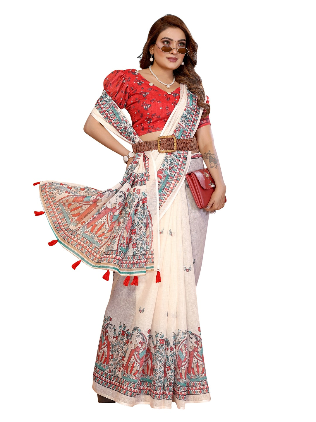 Peachmode Red Soft Linen Cotton Printed Saree - Image 12