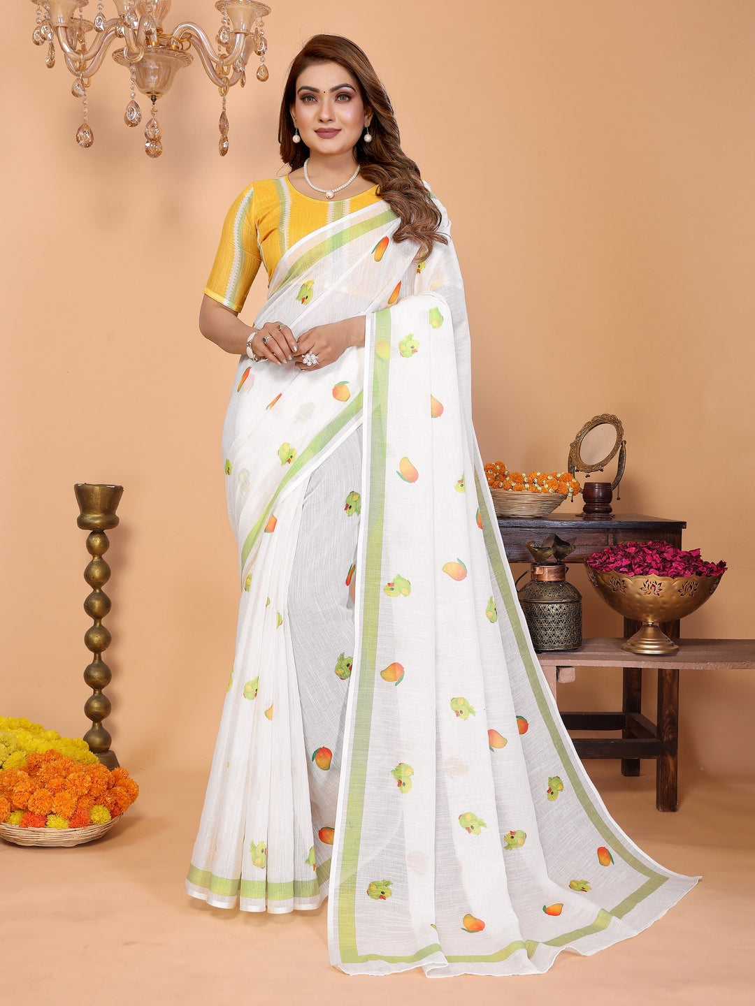 Peachmode Blue Soft Linen Cotton Printed Saree - Image 1